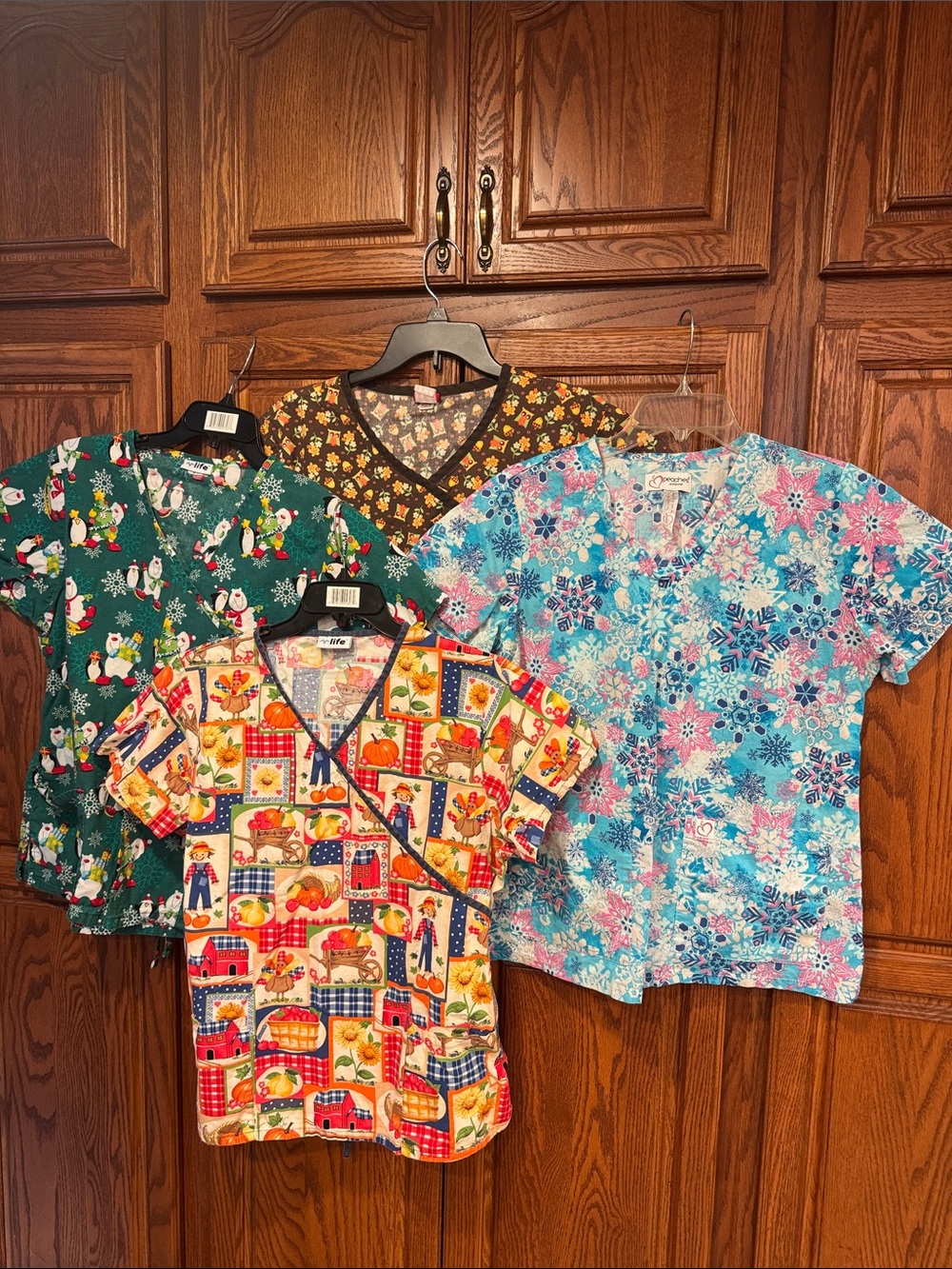 Holiday Colorful Printed Medical Scrub Tops - asst. brands.-lot of 4- like NEW!